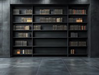 Modern black bookshelf with scattered books on dark wall background, illuminated by dramatic lighting. Minimalist library interior with reflective floor tiles.