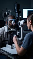 African American man receiving comprehensive eye examination from female optometrist using advanced slit lamp equipment in modern ophthalmology clinic.