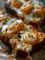 Grilled shrimp on toasted bread with melted cheese and herbs, macro shot showing juicy seafood and creamy texture in warm lighting with shallow depth of field.