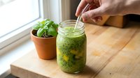Person pouring fresh green smoothie or juice into glass jar next to potted basil plant on wooden table by window.