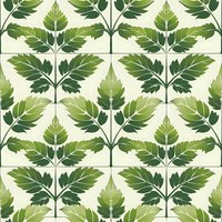 Seamless botanical pattern with symmetrical arrangement of green leaves on light background. Repeating nature motif for fabric, wallpaper and surface design.