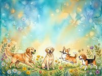 Dogs playing in a sunny meadow with wildflowers, butterflies, and bokeh lights. Watercolor style artwork featuring golden retriever, labrador, corgi, and beagle in a cheerful garden scene.