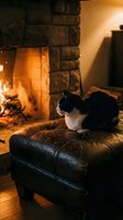 Black and white cat sitting on a leather ottoman by a glowing stone fireplace, warm cozy home interior, hygge atmosphere.