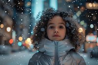 Young girl with natural curly hair wearing winter jacket in snow with bokeh lights and snowflakes creating magical winter atmosphere. Soft evening lighting adds warmth.