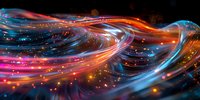 Dynamic abstract light trails creating flowing curves in vibrant orange, blue and pink colors against dark background, perfect for technology and innovation concepts.
