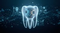 Digital tooth hologram with futuristic interface displays and glowing particles on dark blue background for dental technology and healthcare innovation concepts.