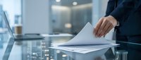 Professional businessman in dark suit placing document on modern glass desk in contemporary office environment for corporate business presentations.