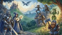 Fantasy adventure scene with knights, wizard, and dwarf warrior in epic quest landscape with castle and dragon soaring overhead in magical realm.