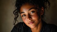 Young mixed-race woman with curly hair and warm smile in natural lighting portrait for lifestyle and beauty content.