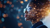 Young African American woman wearing glasses in profile view with glowing digital network pattern overlaid on face against dark background with bokeh lights.