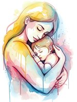 Tender watercolor mother embracing newborn baby in soft pastel colors showing maternal love and bonding moment for family concepts and parenting designs.