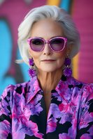 Elegant senior woman with silver hair wearing pink sunglasses, floral pattern dress and statement earrings against colorful background. Fashion portrait showing confident aging.