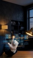 Businessman hand touching digital justice scales interface with legal compliance icons in modern law office for legal technology and digital transformation.