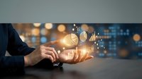 Business professional holding glowing digital analytics icons with charts and graphs in modern office environment for data visualization presentations.