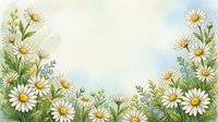 Watercolor floral border with white daisies, green leaves, and blue wildflowers on a soft pastel background with copy space.