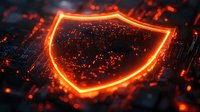 Glowing orange shield symbol on circuit board background with digital particles, representing cybersecurity and data protection in modern technology.