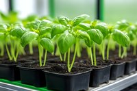 Fresh basil seedlings growing in small black plastic pots with rich soil, showing vibrant green leaves and healthy stems in greenhouse environment.