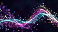 Abstract flowing wave with glowing particles and bokeh lights in purple, pink and teal colors on dark background for digital design projects.
