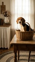 Brown and white beagle dog sitting in wicker basket on wooden table near window with natural light, home interior decor with dried flowers and vintage furniture.