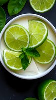Fresh lime slices arranged in white bowl with mint leaves on dark background, top view. Bright citrus fruit composition for cocktails and beverages.