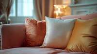 Cozy sofa corner with decorative throw pillows in coral, white and gold colors illuminated by warm lamp light creating relaxing home atmosphere.