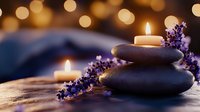 Zen spa composition with stacked massage stones, glowing candles and fresh lavender flowers against blurred golden bokeh background for wellness concept.