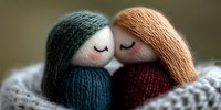 Cozy knitted dolls in warm sweaters snuggling together on soft gray knitted blanket, expressing tenderness and comfort in minimalist artistic composition.