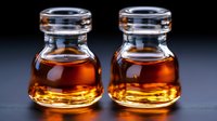 Two amber glass vials with silver caps containing golden liquid medicine or serum for pharmaceutical research and laboratory testing applications.