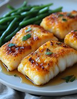 Seared white fish fillets with golden crust and fresh green beans on white plate, garnished with herbs and pan sauce for fine dining or cookbook use.