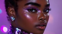 Young African American woman with glitter makeup and sparkles on purple background with bokeh lights, glamorous beauty fashion portrait highlighting glowing skin and artistry.