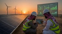 Two Middle Eastern engineers in safety vests analyzing renewable energy data on tablet at solar farm with wind turbines during golden hour sunset.