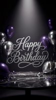 Happy Birthday glitter silver text with purple and silver balloons, champagne glasses on marble table, dark elegant party celebration background.