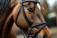 Close-up portrait of brown horse head with black leather bridle and decorative browband showing detailed facial features and tack equipment.