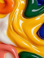 Vibrant swirls of glossy paint in yellow, green, blue, and coral create dynamic abstract patterns with smooth flowing textures and high contrast highlights.