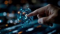 Hand touching glowing digital dollar sign with futuristic holographic interface representing financial technology and digital banking solutions.