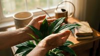 Hands gently holding fresh green rosemary herbs in warm sunlight by window with tea cup and teapot creating cozy kitchen atmosphere for cooking preparation.