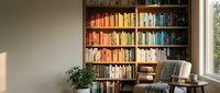 Cozy reading corner with colorful bookshelf organized by rainbow spectrum, comfortable armchair and natural light from window for home library interior design.