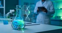Scientist in laboratory with glowing flask and holographic DNA structure display. Modern biotechnology research and genetic engineering concept for medical innovation.