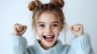 Young Caucasian girl with space buns hairstyle expressing pure joy and excitement, wearing cozy mint sweater against light background, showing genuine happiness and energy.