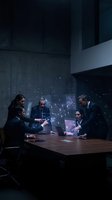 Business team analyzing holographic data projections in modern conference room with futuristic technology interface for strategic planning.
