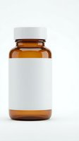 Amber glass medicine bottle with blank white label and cap isolated on white background for pharmaceutical packaging mockup design.