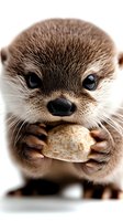 Close-up portrait of adorable river otter holding small stone with paws against white background, showing detailed fur texture and expressive dark eyes.
