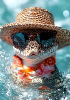 Stylish snake wearing sunglasses, straw hat and floral scarf swimming in turquoise water with splashes. Humorous summer vacation concept for social media and advertising.