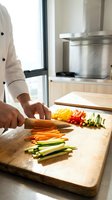 Professional chef in white uniform chopping fresh vegetables on wooden cutting board in modern commercial kitchen for meal preparation.