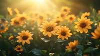 Vibrant yellow daisies in meadow at golden hour with sunlight creating dreamy bokeh effect, perfect for nature themes and seasonal concepts.