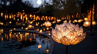 Glowing lotus flower lantern floating on water at night with warm bokeh lights creating magical ambiance for festivals and celebrations.
