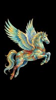 Ornate watercolor pegasus with golden wings and teal armor, isolated on transparent background, ready for stickers, t-shirt design, print on demand, and sublimation.