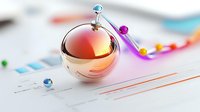 Metallic rose gold sphere with colorful glass beads and abstract lines on light background, modern minimalist composition for business and technology designs.