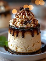 Creamy vanilla ice cream dessert topped with whipped cream, chocolate sauce drizzle, cookie crumbles and coffee beans against blurred warm bokeh background.