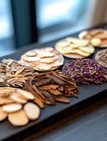 Traditional Chinese herbal medicine ingredients displayed on dark wooden tray, including dried mushrooms, roots, and purple flowers for natural healing remedies.